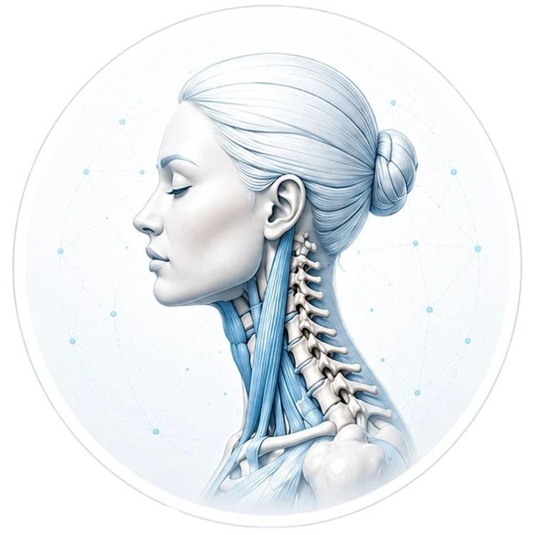 Anatomiczna ilustracja głowy i szyi przy bólu głowy, napięciu karku i zawrotach