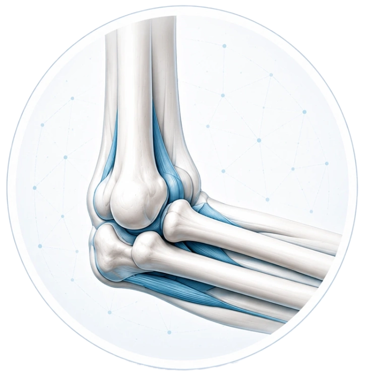 Anatomiczna ilustracja łokcia i przedramienia przy bólu łokcia i przeciążeniu przedramienia