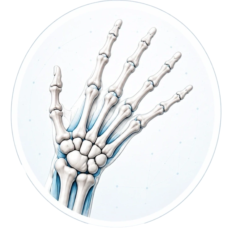 Anatomiczna ilustracja ręki i nadgarstka przy bólu ręki i objawach przeciążeniowych