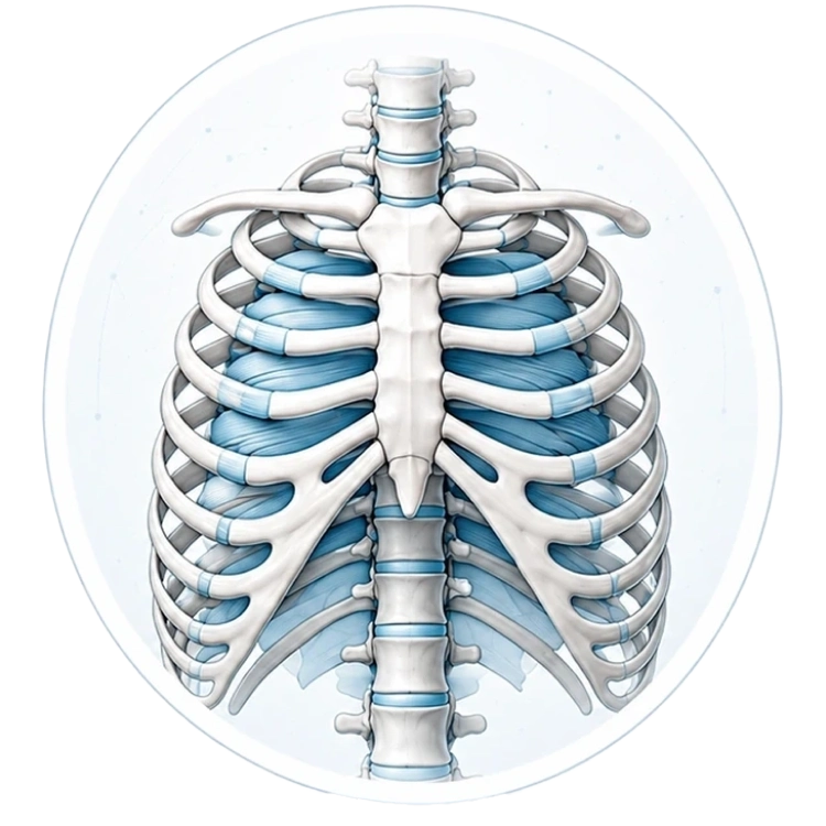 Anatomiczna ilustracja klatki piersiowej przy bólu żeber, mostka i napięciu tułowia